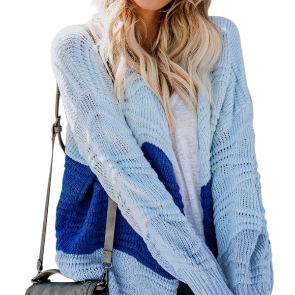 Sky Blue Color Block Drop Shoulder Open Front Knitted Sweater - Picture 3 of 11